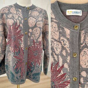 EUC Vintage Camela Jacquard Knit Pattern Wool/Acrylic Cardigan Crown Buttons (8)